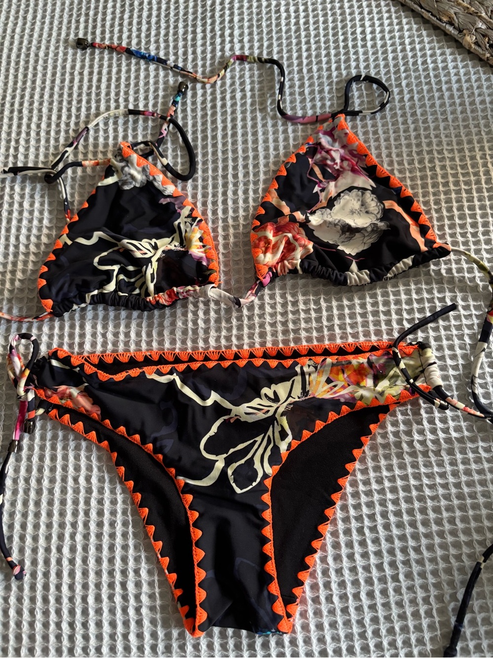 RACHEL Rachel Roy Black Floral Bikini with Orange Trim